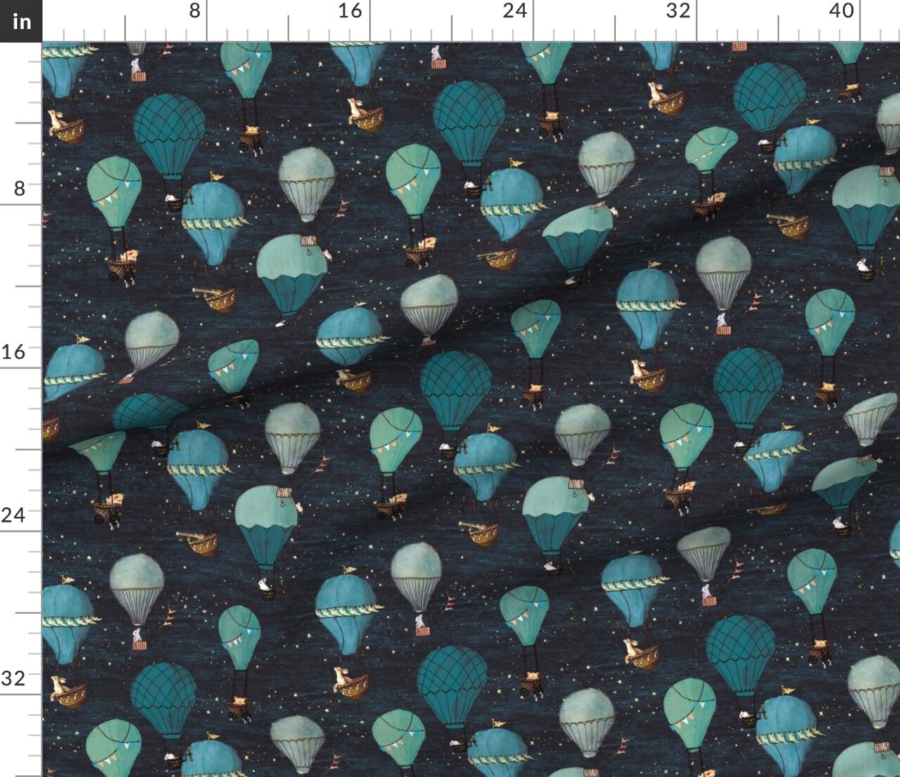 Hot Air Balloons Nighttime Stars Stars Turquoise Sky Nursery Hand-Drawn Dark Blue Cosmos Night Midnight Astrological Christmas Star Dots Custom Printed Fabric by Spoonflower Various Fabrics by the Yard or Fat Quarter